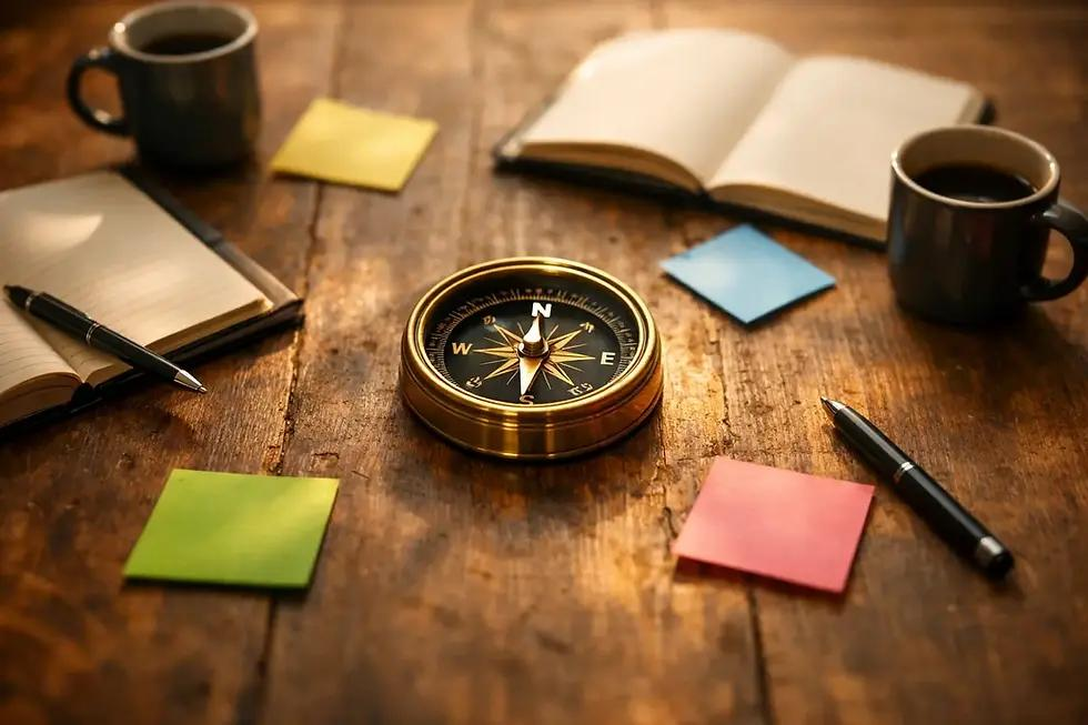 Boussole, carnets et outils de réflexion pour illustrer le coaching